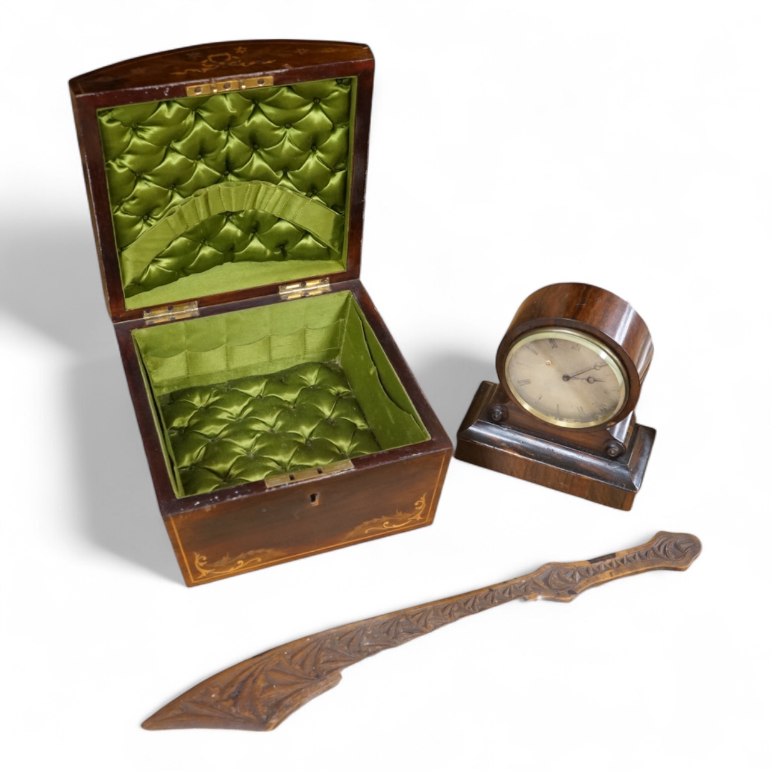 A 19th century rosewood and inlaid silk lined box, a small VAP timepiece and a carved page turner, largest 22cm wide